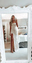 Simple White Prom Dress, Modest Slit Evening Dress, Lace Wedding Gown