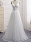 Simple White Spaghetti Straps Tulle V-neck Backless Wedding Dress