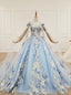 Sky Blue Tulle High Neck Backless Appliques Beading Wedding Dress