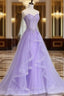Sleeveless Sweetheart Sweep Train A-line/Princess Tulle Prom Dress With Beading Appliqued