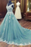 Sleeveless V Neck Chapel Train A-line/Princess Tulle Prom Dress With Hem Appliqued Lace
