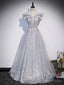 Sliver-Grey Shiny Tulle Off Shoulder Prom Dress, Sliver Long Party Dresses