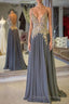 Gray Spaghetti Straps A-line Beaded Long Prom Dress