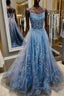 Spaghetti Straps Blue Lace Prom Dress, Blue Lace Long Formal Graduation Dress