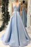 Spaghetti Straps Cross Back Floor-Length Stain Prom Dress With Beading
