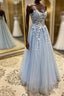 Spaghetti Straps Light Blue Lace Prom Dress, Light Blue Lace Formal Evening Dress