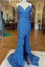 Sparkle Blue Sequin Prom Dress Iridescent Mermaid Long Formal Dress Side Slit