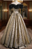 Sparkly Black And Gold Glitter Prom Dress Ball Gown, Off The Shoulder Evening Party Dress