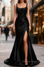 Sparkly Black Floral Spaghetti Straps Mermaid Long Prom Dress with Slit