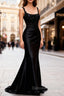 Sparkly Black Floral Spaghetti Straps Mermaid Long Prom Dress with Slit