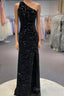 Sparkly Black One Shoulder Side Slit Prom Dress,