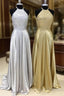Sparkly Crystal Beaded Halter Long Satin Open Back Prom Dress