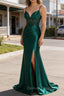 Sparkly Dark Green Mermaid Spaghetti Straps Corset Beaded Prom Dress with Slit