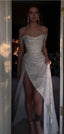 Sparkly Ivory Mermaid Off Shoulder High Slit Cheap Long Prom Dress
