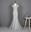 Sparkly Light Grey Mermaid V-Neck Beaded Tulle Train Prom Dress Evening Dress