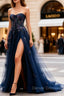 Sparkly Navy Blue Corset Sweetheart Long Prom Dress with Appliques