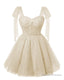 Sparkly Starry Light Champagne Tulle Short Homecoming Dresses Spaghetti Bow Straps Prom Dress Sequin Cocktail Party Dress for Teens