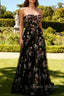 Strapless Black Floral A Line Long Prom Dress