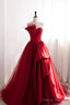 Strapless Burgundy Tulle Satin Long Prom Dresses, Wine Red Long Fomal Gowns
