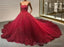 Strapless Dark Red Ball Gown Lace Appliques Pearls Crystals Sequins Beaded Wedding Dress Prom Dress