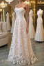 Strapless Pink Lace Long Prom Dress, Pink Lace Formal Graduation Evening Dress