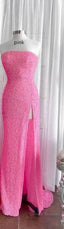 Strapless Pink Sequins Prom Dress with Slit,Sparkly White Night Dress Party Event