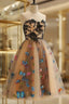 Strapless Short Champagne Floral Prom Dress, 3D Floral Short Champagne Formal Graduation Dress