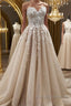 Strapless Sweetheart Neck Champagne Lace Appliques Long Prom Dress, Champagne Lace Floral Formal Evening Dress
