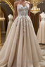 Strapless Sweetheart Neck Champagne Lace Appliques Long Prom Dress, Champagne Lace Floral Formal Evening Dress