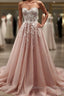Strapless Sweetheart Neck Pink Lace Appliques Long Prom Dress, Pink Lace Floral Formal Dress, Pink Evening Dress