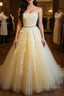 Strapless Yellow Lace Long Prom Dress, Yellow Lace Formal Graduation Evening Dress, Yellow Ball Gown