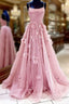 Straps Flower Cross Criss Pink Satin Double Back Prom Dress