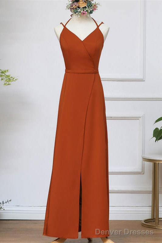 Straps Pumpkin Long Bridesmaid Dress With Slit – Denver Dresses