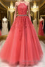 Stylish Backless Coral Lace Long Prom Dress, Coral Lace Formal Graduation Evening Dress