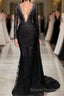 Stylish Black A-line Mermaid Evening Dress Deep V-Neck Beadings Long Sleeves Prom Dress