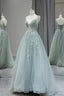 Stylish Spaghetti Strap Tulle Floor Length Formal Dress, Gray Green V-Neck Backless Party Dress