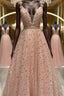 Stylish V Neck Pink Long Prom Dress with Stars Sequins, Long Pink Formal Evening Dress