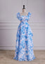 Sweet Blue Floral Print A Line Backless Ruffles Prom Dress