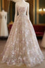 Sweet Light Champagne A-Line Tulle Sequin Applique Long Prom Dress Prom Dress Birthday Dress