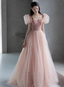 Sweet Pink A-Line Puff Sleeve Beaded Tulle Long Prom Dress Evening Dress
