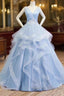 Sweetheart Blue Organza Ballgown V Neck Ruffles Appliques Prom Dress