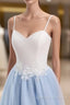 Sweetheart Neck Backless Blue And White Sweep Train Lace Prom Dress, Formal Dress