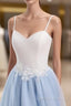 Sweetheart Neck Backless Blue And White Sweep Train Lace Prom Dress, Formal Dress