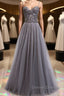 Sweetheart Neck Grey Sequins Tulle Long Prom Dress, Grey Sequins Formal Evening Dress