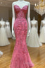 Sweetheart Neck Pink Mermaid Lace Prom Dress, Pink Mermaid Lace Formal Graduation Dress