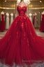 Sweetheart Neck Red Lace Floral Long Prom Dress, Red Lace Formal Evening Dress, Red Ball Gown