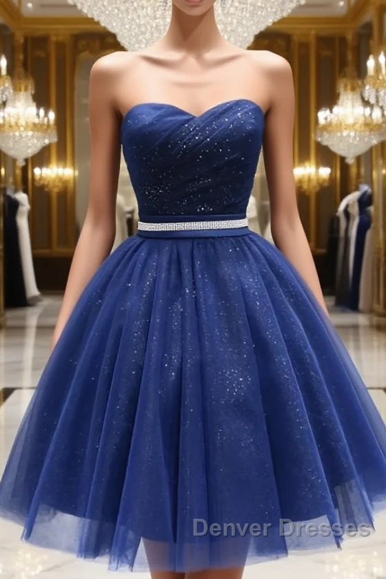 Bridesmaids Dress Blue, Sweetheart Neck Short Blue Prom Dresses, Short