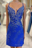 Royal Blue Beaded Plunge V Lace-Up Short Homecoming Dress