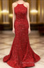 Trumpet/Mermaid Halter Sleeveless Sweep Train Velvet Sequins Prom Dress