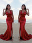 Trumpet/Mermaid Halter Sweep Train Silk like Satin Prom Dresses With Leg Slit